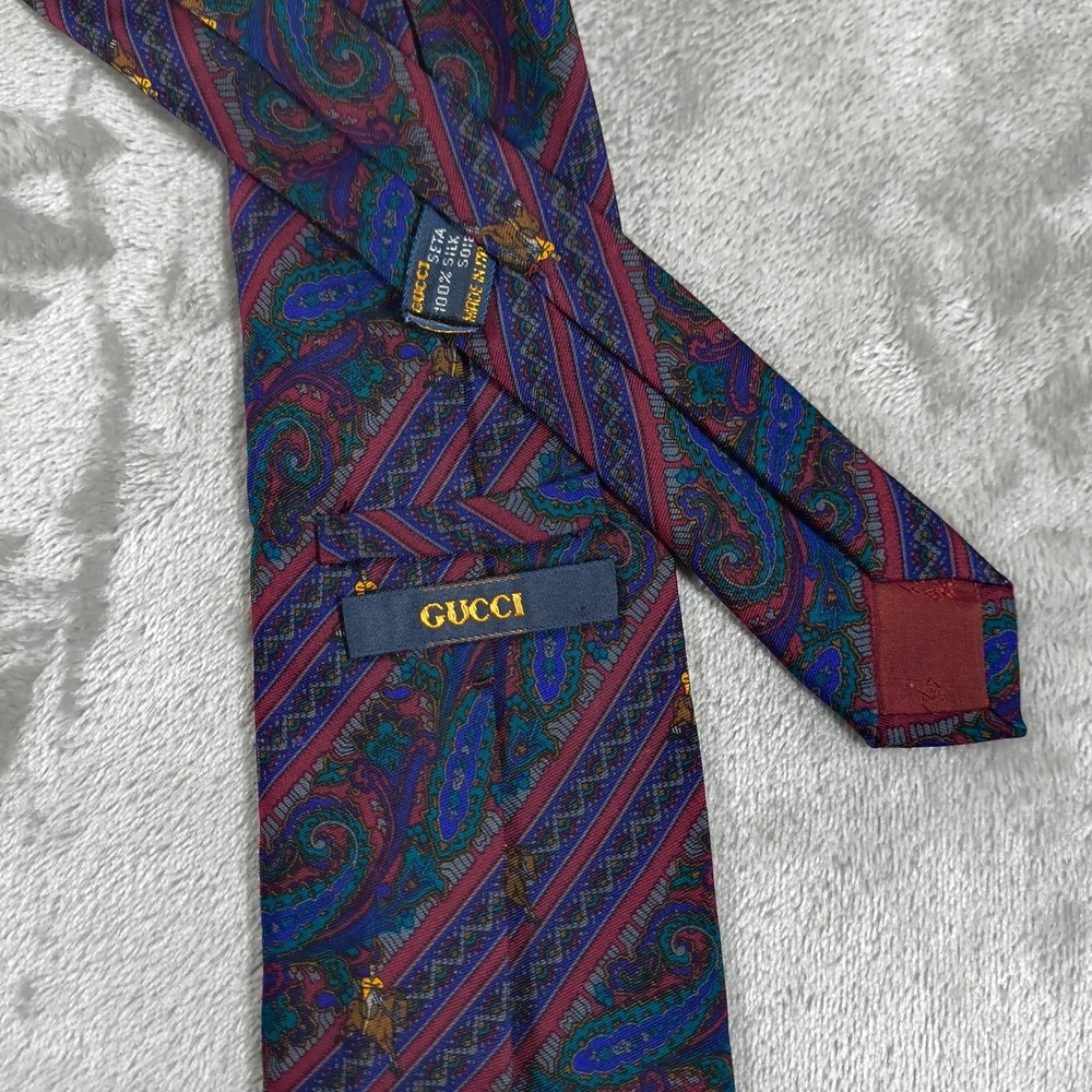 Vintage Gucci Tie Mens 56x3.5 Blue Paisley Equestrian Horse Silk Made In Italy - Picture 3 of 8